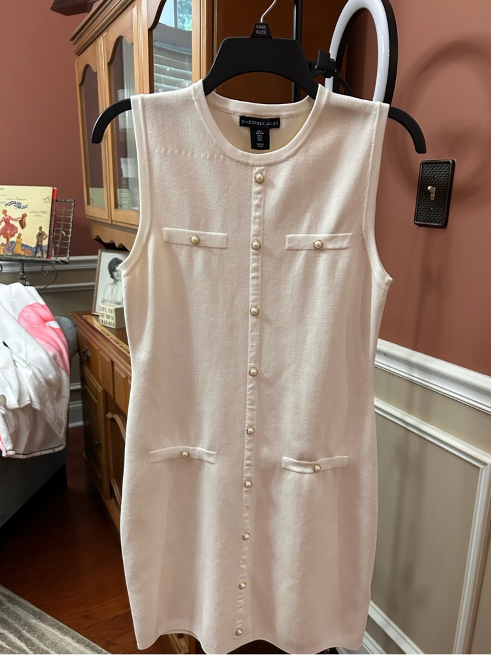 Sincerly Jules Pearl-Button Cream Shift Dress
